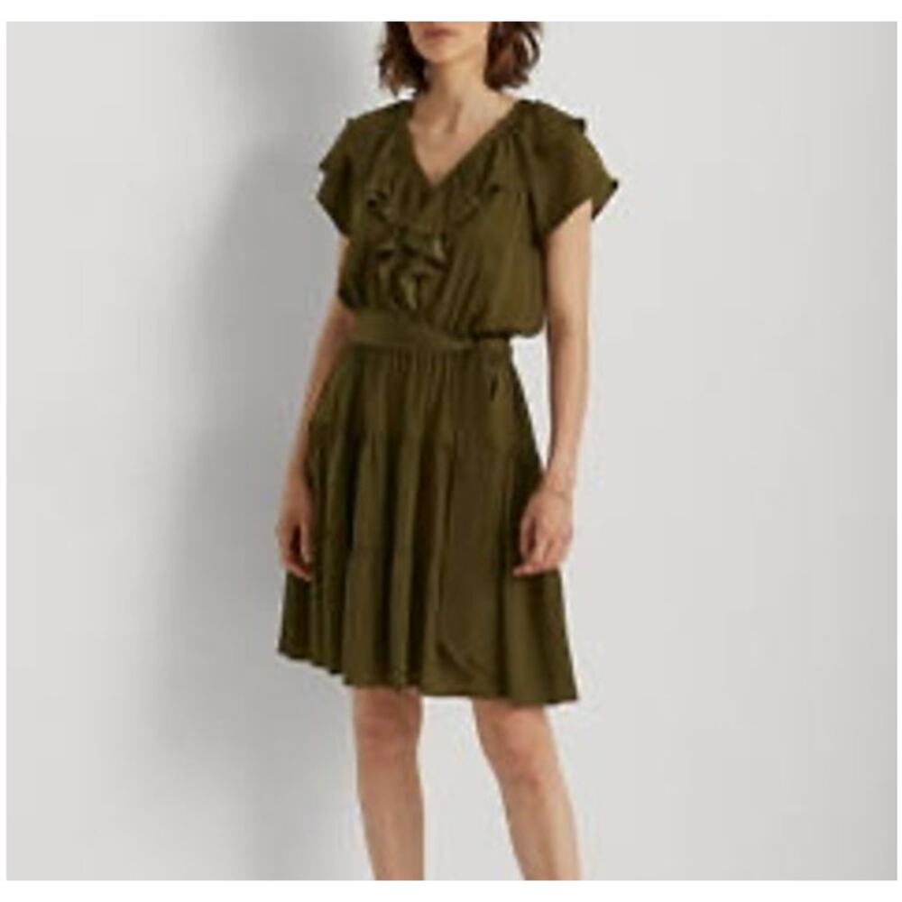 Lauren Ralph Lauren Black Label Women's Size 4 Dress Olive Green‎ Ruffle Tiered